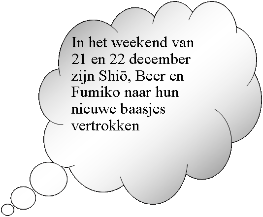 Gedachtewolkje: wolk: In het weekend van 21 en 22 december zijn Shiō, Beer en Fumiko naar hun nieuwe baasjes vertrokken 